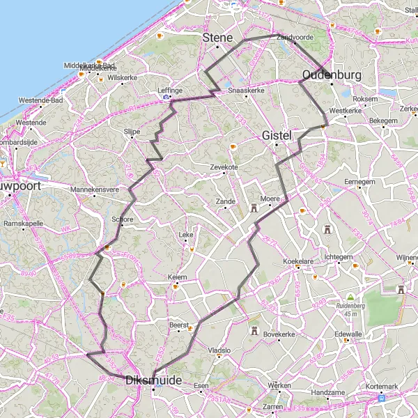 Karten-Miniaturansicht der Radinspiration "Auf den Spuren der Geschichte durch West-Vlaanderen" in Prov. West-Vlaanderen, Belgium. Erstellt vom Tarmacs.app-Routenplaner für Radtouren