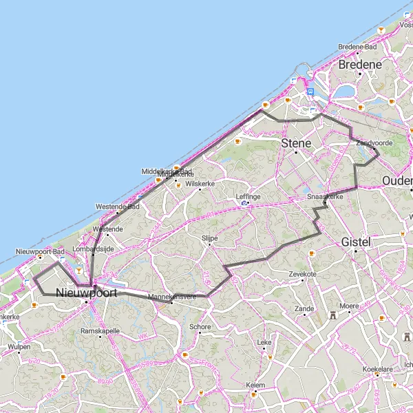 Miniature de la carte de l'inspiration cycliste "Parcours Côtier et Villageois" dans la Prov. West-Vlaanderen, Belgium. Générée par le planificateur d'itinéraire cycliste Tarmacs.app