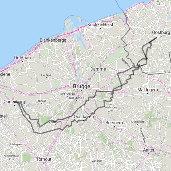 Karten-Miniaturansicht der Radinspiration "Rundfahrt von Oudenburg" in Prov. West-Vlaanderen, Belgium. Erstellt vom Tarmacs.app-Routenplaner für Radtouren