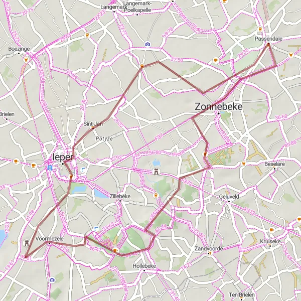 Miniatuurkaart van de fietsinspiratie "Zonnebeke naar Passchendaele Gravelroute" in Prov. West-Vlaanderen, Belgium. Gemaakt door de Tarmacs.app fietsrouteplanner