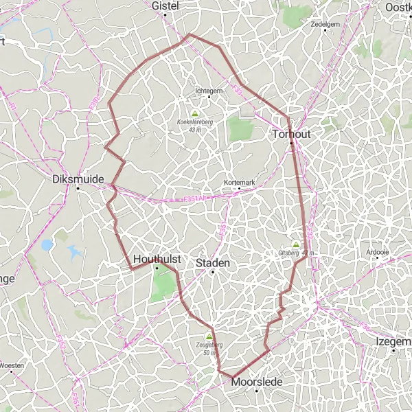 Map miniature of "Gravel Beauty: Forests and Countryside" cycling inspiration in Prov. West-Vlaanderen, Belgium. Generated by Tarmacs.app cycling route planner