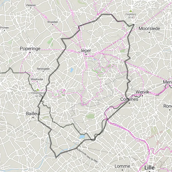 Miniature de la carte de l'inspiration cycliste "Excursion sur Route à travers Comines-Warneton et Vlamertinge" dans la Prov. West-Vlaanderen, Belgium. Générée par le planificateur d'itinéraire cycliste Tarmacs.app