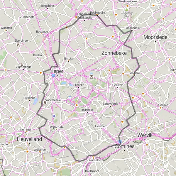 Miniatuurkaart van de fietsinspiratie "Passendale naar Beselare en terug" in Prov. West-Vlaanderen, Belgium. Gemaakt door de Tarmacs.app fietsrouteplanner