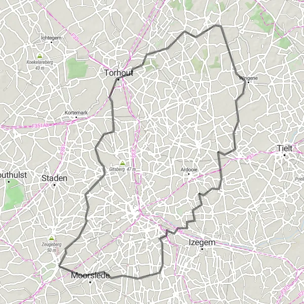 Miniature de la carte de l'inspiration cycliste "Parcours Route à travers Oostnieuwkerke et Moorslede" dans la Prov. West-Vlaanderen, Belgium. Générée par le planificateur d'itinéraire cycliste Tarmacs.app