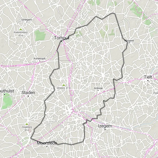 Miniatuurkaart van de fietsinspiratie "Passendale naar Moorslede Fietsroute" in Prov. West-Vlaanderen, Belgium. Gemaakt door de Tarmacs.app fietsrouteplanner