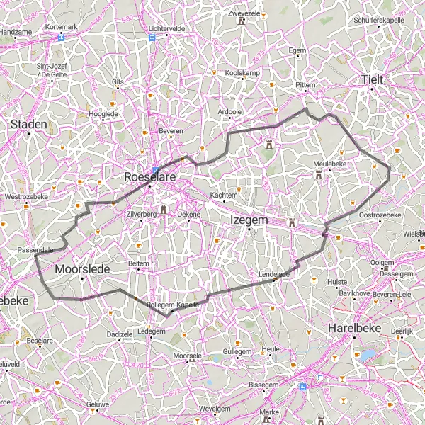 Miniatuurkaart van de fietsinspiratie "Rondrit Passendale - Roeselare - Ardooie - Lendelede - Rollegem-Kapelle - Waterdam" in Prov. West-Vlaanderen, Belgium. Gemaakt door de Tarmacs.app fietsrouteplanner