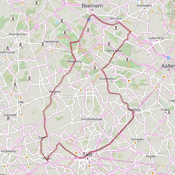 Karten-Miniaturansicht der Radinspiration "Gravelroute in der Nähe von Pittem" in Prov. West-Vlaanderen, Belgium. Erstellt vom Tarmacs.app-Routenplaner für Radtouren