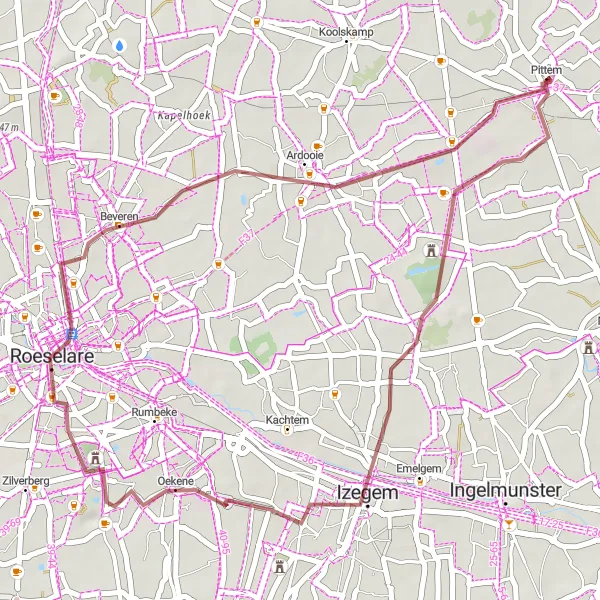 Karten-Miniaturansicht der Radinspiration "Gravelroute Izegem-Beveren" in Prov. West-Vlaanderen, Belgium. Erstellt vom Tarmacs.app-Routenplaner für Radtouren