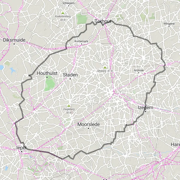 Miniature de la carte de l'inspiration cycliste "Le Tour des Moulins de Pittem" dans la Prov. West-Vlaanderen, Belgium. Générée par le planificateur d'itinéraire cycliste Tarmacs.app