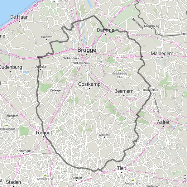 Miniatuurkaart van de fietsinspiratie "Pittem - Koolskamp - Aartrijke - Jabbeke - Dudzele - Schuiferskapelle" in Prov. West-Vlaanderen, Belgium. Gemaakt door de Tarmacs.app fietsrouteplanner