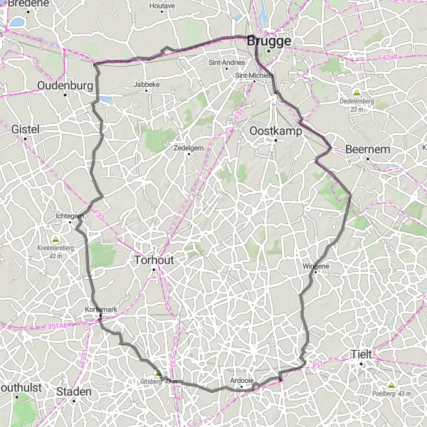 Map miniature of "Pittem Gravel Loop" cycling inspiration in Prov. West-Vlaanderen, Belgium. Generated by Tarmacs.app cycling route planner