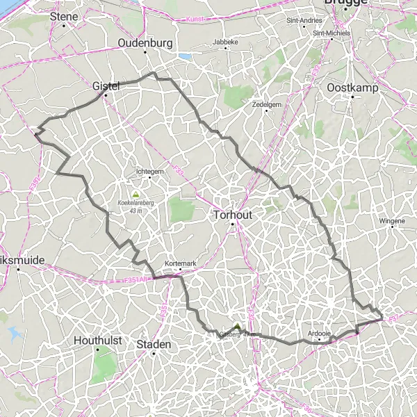 Karten-Miniaturansicht der Radinspiration "Straßenradtour Ardooie-Pittem" in Prov. West-Vlaanderen, Belgium. Erstellt vom Tarmacs.app-Routenplaner für Radtouren