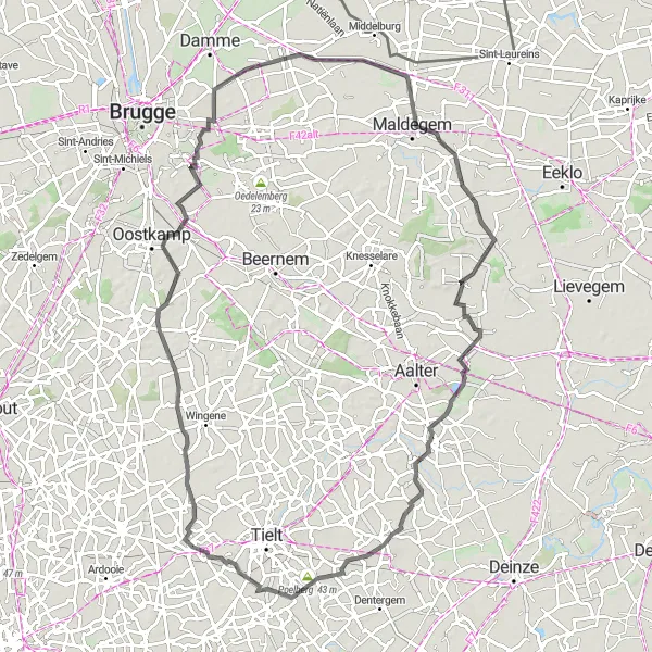 Miniatuurkaart van de fietsinspiratie "Pittem - Moerbrugge - Kasteel van Moerkerke - Ursel - Aarsele - Poelberg" in Prov. West-Vlaanderen, Belgium. Gemaakt door de Tarmacs.app fietsrouteplanner