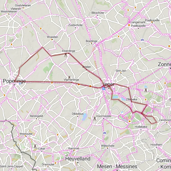Miniatuurkaart van de fietsinspiratie "Gravelavontuur rond Ieper" in Prov. West-Vlaanderen, Belgium. Gemaakt door de Tarmacs.app fietsrouteplanner