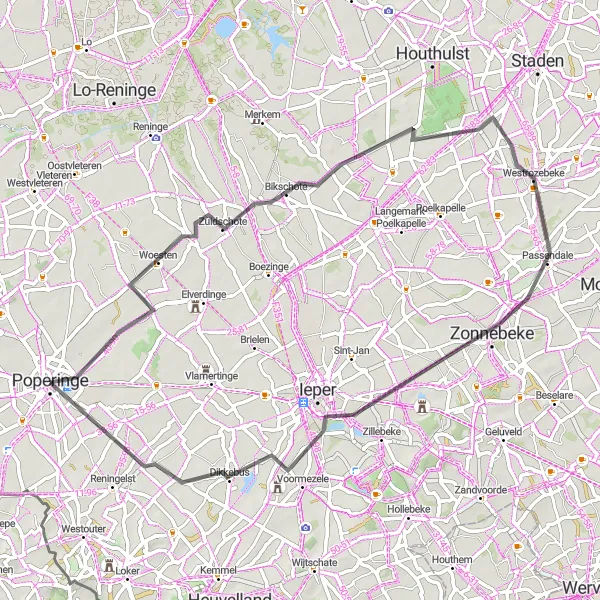 Map miniature of "Poperinge Country Roads" cycling inspiration in Prov. West-Vlaanderen, Belgium. Generated by Tarmacs.app cycling route planner