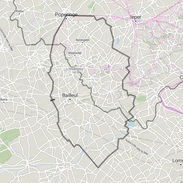 Miniatuurkaart van de fietsinspiratie "Vlamertinge naar Boeschepe Route" in Prov. West-Vlaanderen, Belgium. Gemaakt door de Tarmacs.app fietsrouteplanner