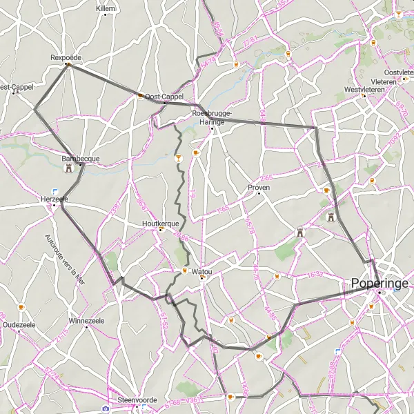 Karten-Miniaturansicht der Radinspiration "Kurze Fahrt durch Herzeele und Krombeke" in Prov. West-Vlaanderen, Belgium. Erstellt vom Tarmacs.app-Routenplaner für Radtouren
