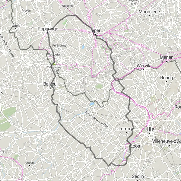 Miniature de la carte de l'inspiration cycliste "Tour des Monts de Flandre" dans la Prov. West-Vlaanderen, Belgium. Générée par le planificateur d'itinéraire cycliste Tarmacs.app