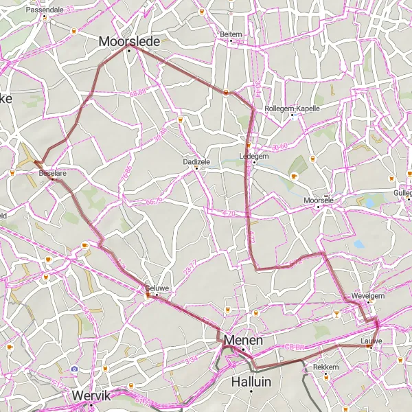 Map miniature of "The Gravel Adventure in West-Vlaanderen" cycling inspiration in Prov. West-Vlaanderen, Belgium. Generated by Tarmacs.app cycling route planner