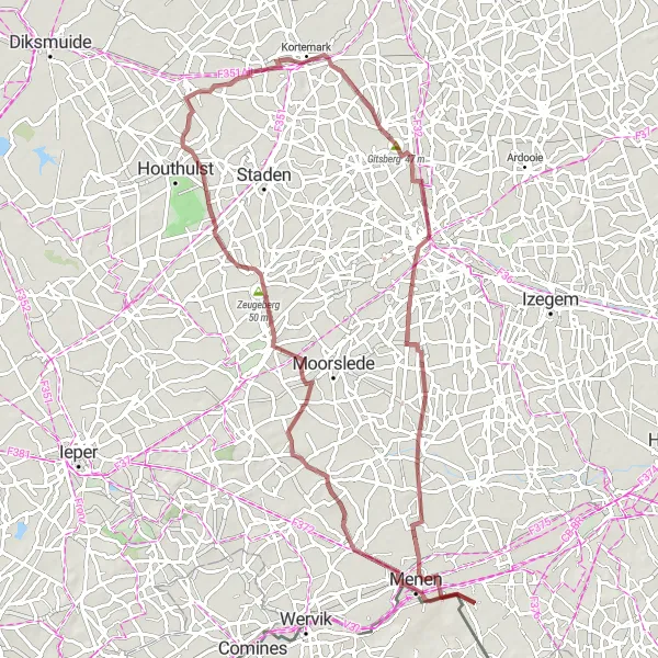 Karten-Miniaturansicht der Radinspiration "Gravelroute von Rekkem nach Gits und zurück" in Prov. West-Vlaanderen, Belgium. Erstellt vom Tarmacs.app-Routenplaner für Radtouren