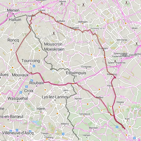 Miniatuurkaart van de fietsinspiratie "Graveltocht van Rollegem naar Mont Halluin" in Prov. West-Vlaanderen, Belgium. Gemaakt door de Tarmacs.app fietsrouteplanner