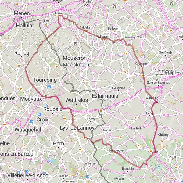 Miniature de la carte de l'inspiration cycliste "Parcours Gravel de Rollegem à Mont Halluin" dans la Prov. West-Vlaanderen, Belgium. Générée par le planificateur d'itinéraire cycliste Tarmacs.app