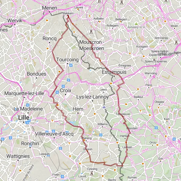 Miniatuurkaart van de fietsinspiratie "Gravelroute vanuit Rekkem naar Mont Halluin" in Prov. West-Vlaanderen, Belgium. Gemaakt door de Tarmacs.app fietsrouteplanner