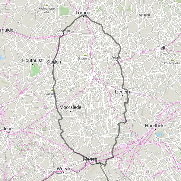 Miniature de la carte de l'inspiration cycliste "Boucle Road de Menen à Rekkem" dans la Prov. West-Vlaanderen, Belgium. Générée par le planificateur d'itinéraire cycliste Tarmacs.app