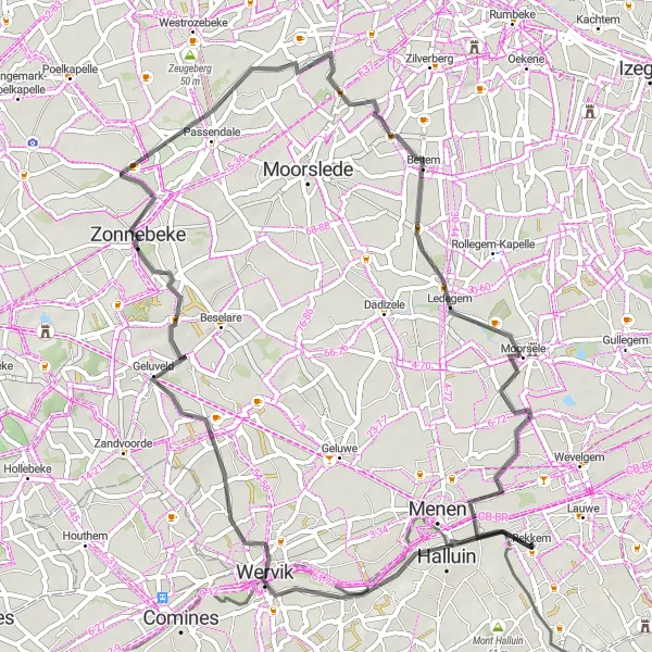 Miniature de la carte de l'inspiration cycliste "Itinéraire Road de Stadspark "Bois de Boulogne" à Rekkem" dans la Prov. West-Vlaanderen, Belgium. Générée par le planificateur d'itinéraire cycliste Tarmacs.app