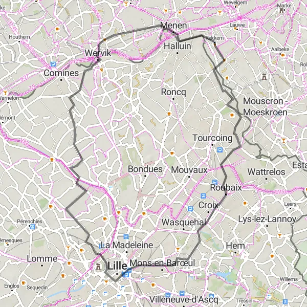 Miniatuurkaart van de fietsinspiratie "Rondje van Rekkem naar Roubaix" in Prov. West-Vlaanderen, Belgium. Gemaakt door de Tarmacs.app fietsrouteplanner