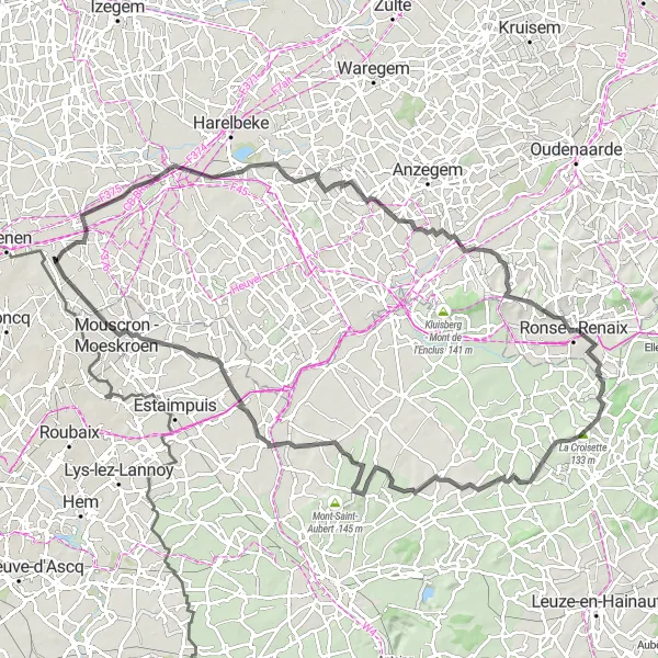 Miniature de la carte de l'inspiration cycliste "Tour de la Montagne Flamande" dans la Prov. West-Vlaanderen, Belgium. Générée par le planificateur d'itinéraire cycliste Tarmacs.app