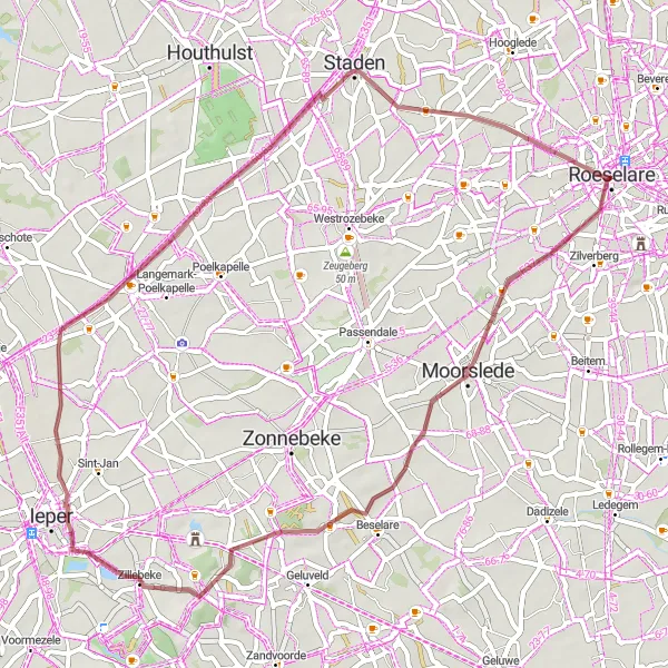 Karten-Miniaturansicht der Radinspiration "Gravelabenteuer in Flandern" in Prov. West-Vlaanderen, Belgium. Erstellt vom Tarmacs.app-Routenplaner für Radtouren