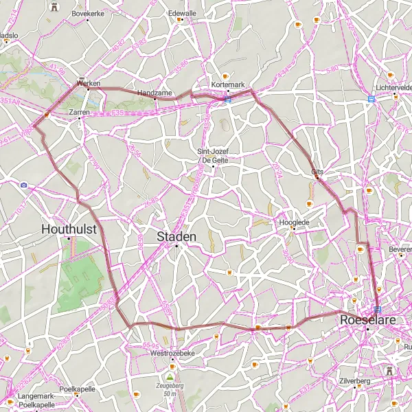 Miniature de la carte de l'inspiration cycliste "Escapade champêtre à Gits" dans la Prov. West-Vlaanderen, Belgium. Générée par le planificateur d'itinéraire cycliste Tarmacs.app