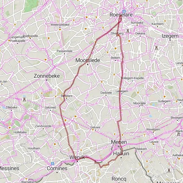 Miniatuurkaart van de fietsinspiratie "Gravelroute via Zilverberg en Kruiseke" in Prov. West-Vlaanderen, Belgium. Gemaakt door de Tarmacs.app fietsrouteplanner