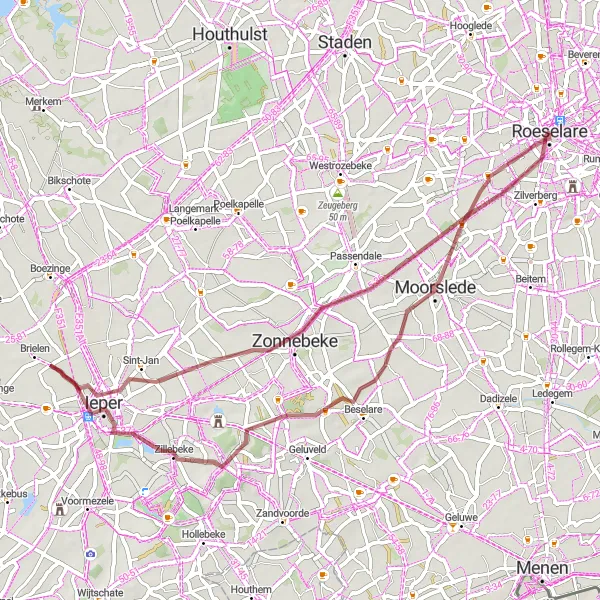 Karten-Miniaturansicht der Radinspiration "Zonnebeke-Zyklus" in Prov. West-Vlaanderen, Belgium. Erstellt vom Tarmacs.app-Routenplaner für Radtouren