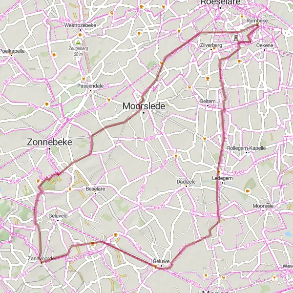 Map miniature of "Rumbeke and Zandvoorde Adventures" cycling inspiration in Prov. West-Vlaanderen, Belgium. Generated by Tarmacs.app cycling route planner