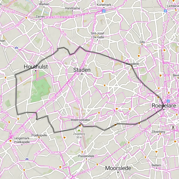 Miniature de la carte de l'inspiration cycliste "Tour de collines vallonnées" dans la Prov. West-Vlaanderen, Belgium. Générée par le planificateur d'itinéraire cycliste Tarmacs.app