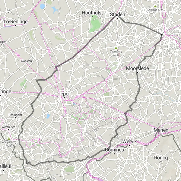 Map miniature of "Challenge Yourself on the Moorslede and Dranouter Climb" cycling inspiration in Prov. West-Vlaanderen, Belgium. Generated by Tarmacs.app cycling route planner