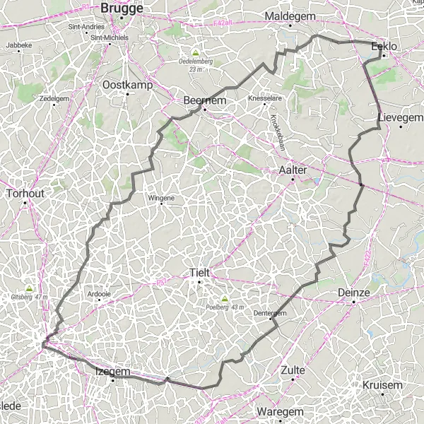 Karten-Miniaturansicht der Radinspiration "Geheimnisse von Oostveld" in Prov. West-Vlaanderen, Belgium. Erstellt vom Tarmacs.app-Routenplaner für Radtouren