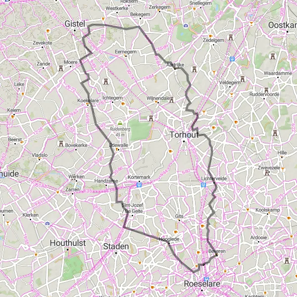 Map miniature of "Historic Landmarks and Charming Villages" cycling inspiration in Prov. West-Vlaanderen, Belgium. Generated by Tarmacs.app cycling route planner