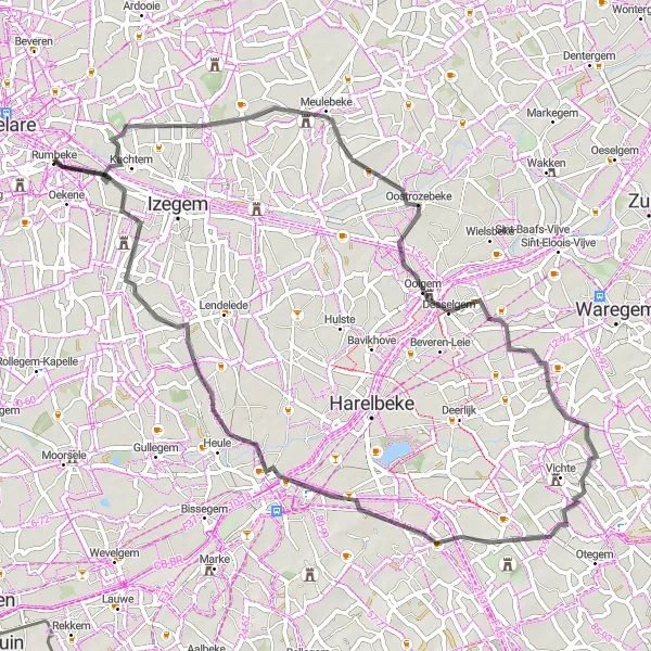 Miniature de la carte de l'inspiration cycliste "Circuit de Roeselare vers Rumbeke, Nieuwenhove et Bosmolens" dans la Prov. West-Vlaanderen, Belgium. Générée par le planificateur d'itinéraire cycliste Tarmacs.app