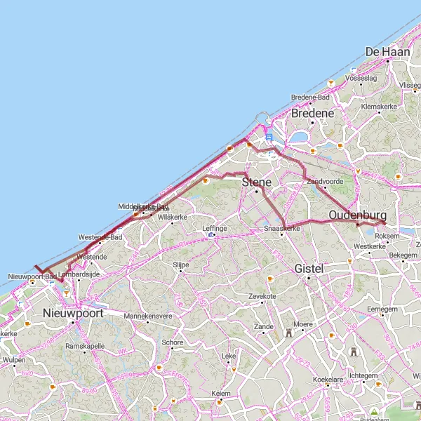 Map miniature of "Coastal Gravel Getaway" cycling inspiration in Prov. West-Vlaanderen, Belgium. Generated by Tarmacs.app cycling route planner