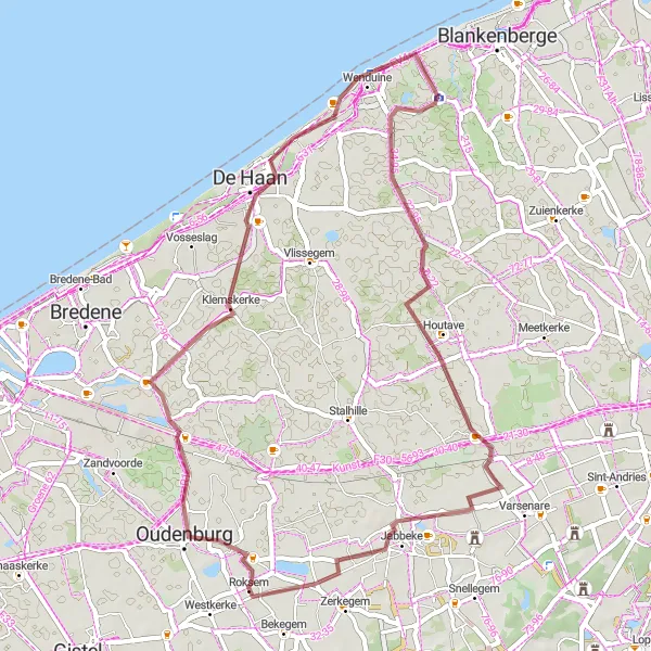 Miniature de la carte de l'inspiration cycliste "Balade en gravel à travers les dunes belges" dans la Prov. West-Vlaanderen, Belgium. Générée par le planificateur d'itinéraire cycliste Tarmacs.app
