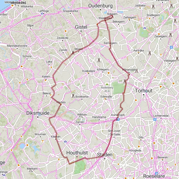 Miniatuurkaart van de fietsinspiratie "Gravelroute door West-Vlaanderen" in Prov. West-Vlaanderen, Belgium. Gemaakt door de Tarmacs.app fietsrouteplanner