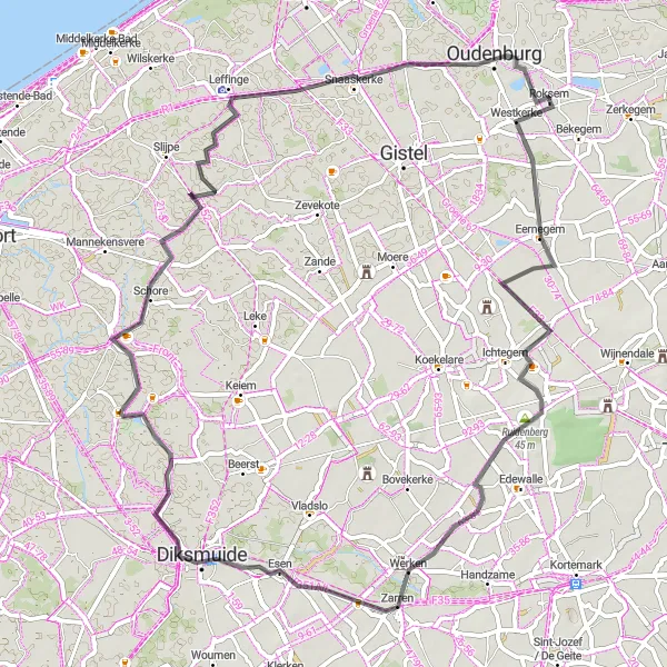 Map miniature of "Roksem Road Cycling Route" cycling inspiration in Prov. West-Vlaanderen, Belgium. Generated by Tarmacs.app cycling route planner
