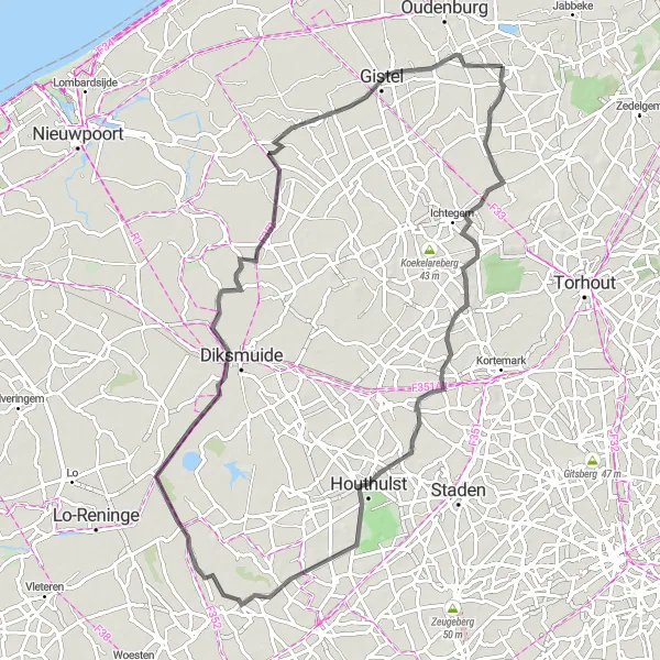 Miniature de la carte de l'inspiration cycliste "Parcours pittoresque autour de Roksem" dans la Prov. West-Vlaanderen, Belgium. Générée par le planificateur d'itinéraire cycliste Tarmacs.app