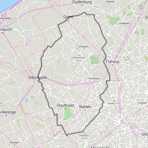 Karten-Miniaturansicht der Radinspiration "Straßenroute Roksem - Bekegem - Wijnendale - Zeugeberg - Poelkapelle - Jonkershove - Keiem - Westkerke - Roksem" in Prov. West-Vlaanderen, Belgium. Erstellt vom Tarmacs.app-Routenplaner für Radtouren