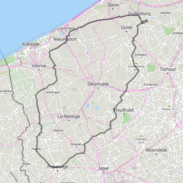 Map miniature of "Flowers and Memories" cycling inspiration in Prov. West-Vlaanderen, Belgium. Generated by Tarmacs.app cycling route planner