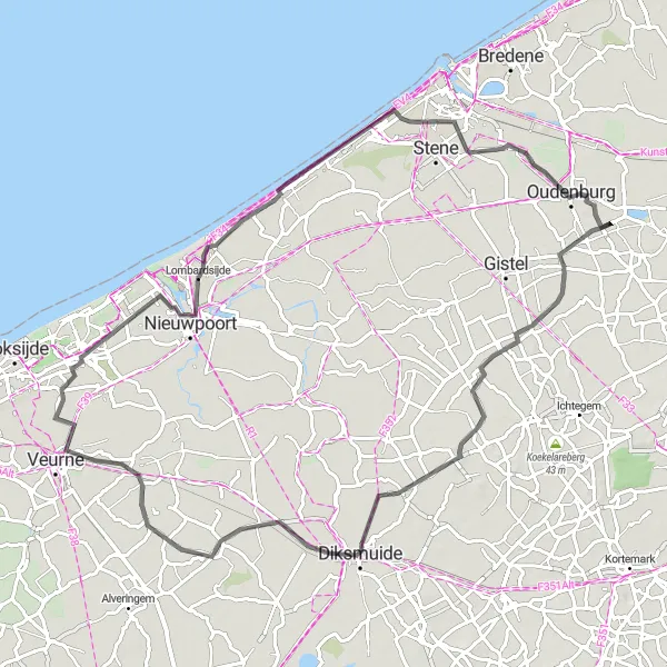 Miniatuurkaart van de fietsinspiratie "Wegroute naar pittoreske dorpjes" in Prov. West-Vlaanderen, Belgium. Gemaakt door de Tarmacs.app fietsrouteplanner