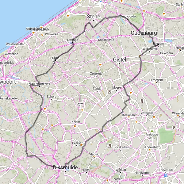 Map miniature of "Coastal Charm" cycling inspiration in Prov. West-Vlaanderen, Belgium. Generated by Tarmacs.app cycling route planner